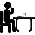 Man sitting in front of a table eating and drinking while having lunch