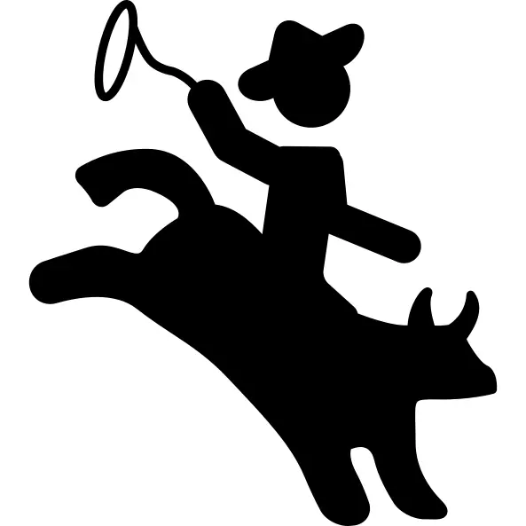 Rodeo silhouette of a mammal with a cowboy riding on him with a rope to catch his neck