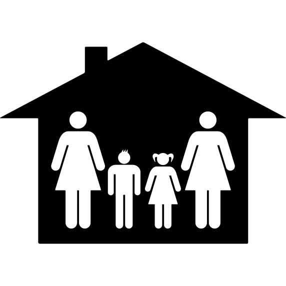 Familiar group of four persons composed by two women with male and female kids in a house