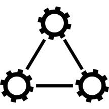 Three cogwheels linked by lines in triangular shape