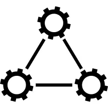 Three cogwheels linked by lines in triangular shape