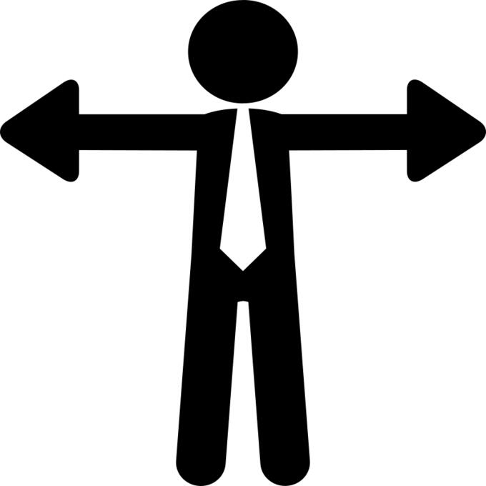 Businessman with arms like opposite arrows of options