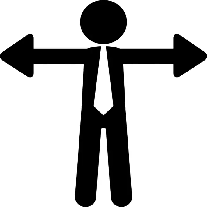 Businessman with arms like opposite arrows of options
