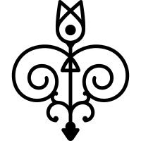 Floral design of one central flower on top with two spirals