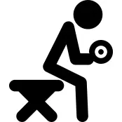 Sitting cartoon man carrying dumbbell side view