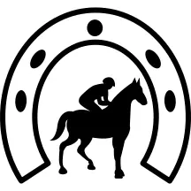 Walking horse with jockey under a horseshoe shape