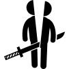 Cutting a person shape in two parts with a sword passing through the middle
