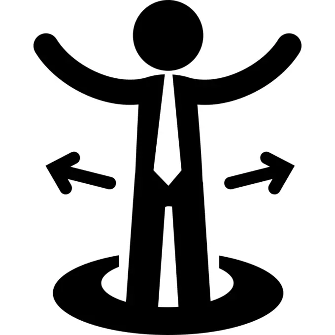 Businessman standing on a circle with arrows pointing to both sides