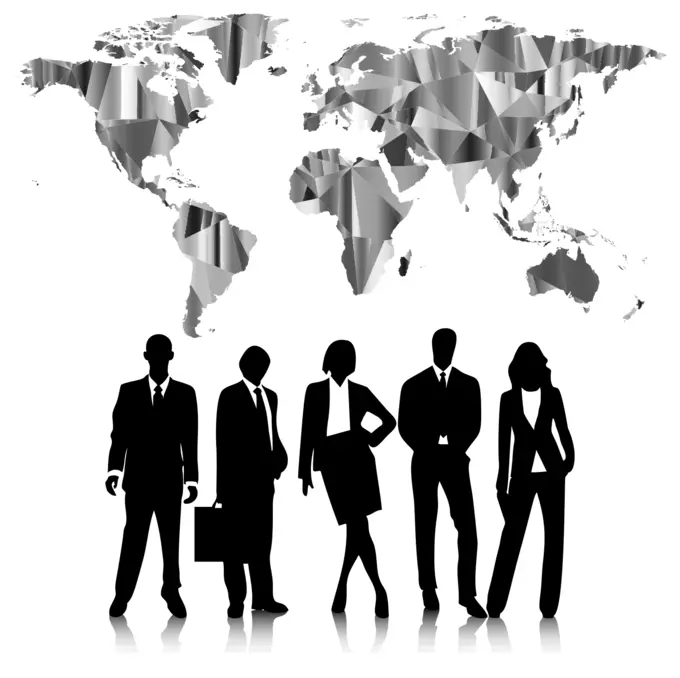 Business people and world map
