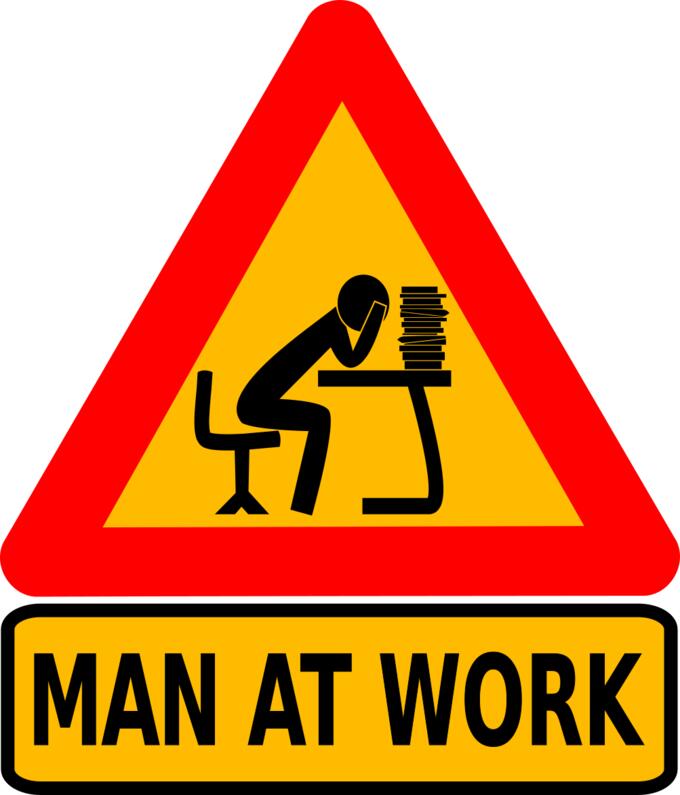 Man at intellectual work board sign