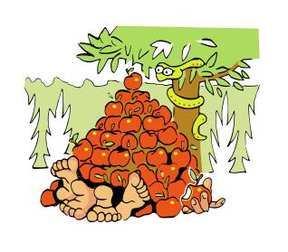Adam and Eve covered in apples