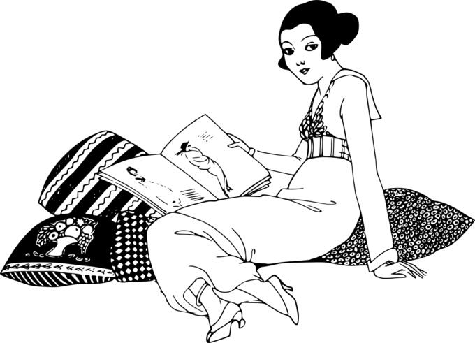 Lady on cushions is reading
