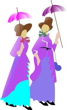 Illustration of two ladies walking in purple dresses