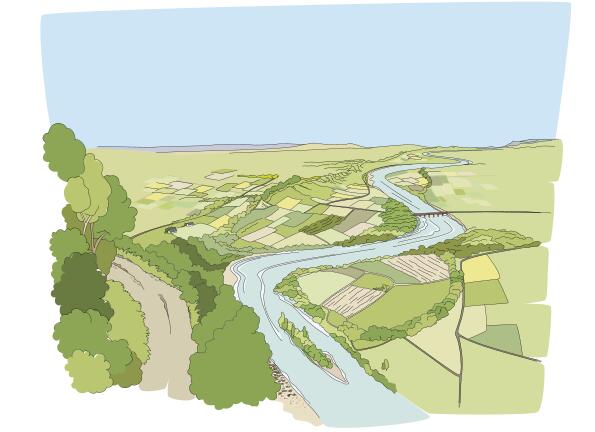 Drawing of river flowing through green fields