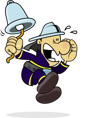 Vector clip art of fireman sounding fire alarm