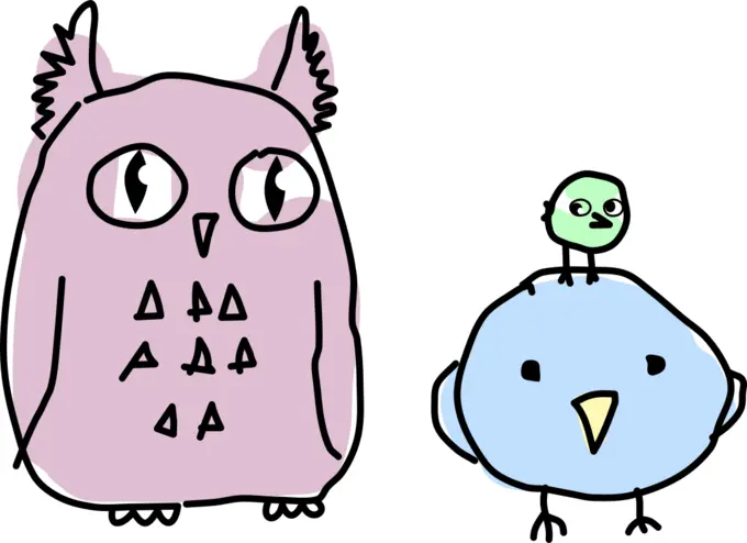 Owl and two birds cartoon drawing