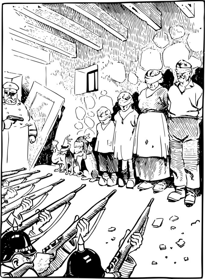 Men with rifles lining up the family for shooting