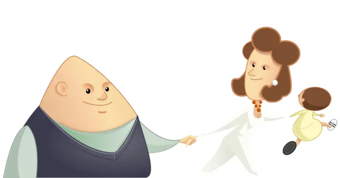 Comic cartoon illustration of a family with one kid
