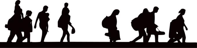 Silhouette of refugees fleeing from the war
