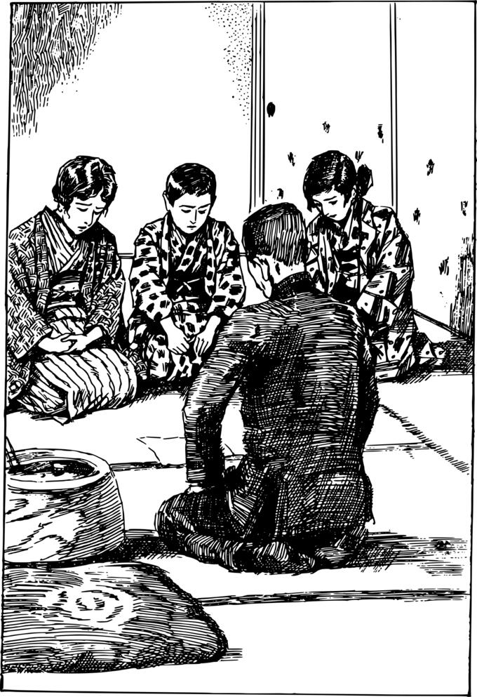 Sad Japanese family talking to father vector image