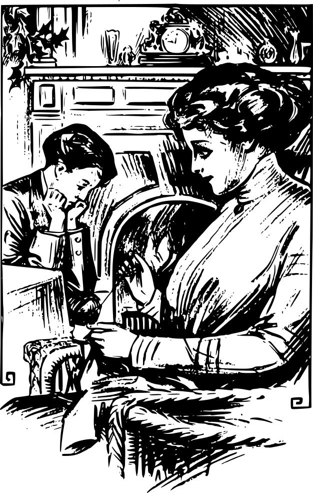 Drawing of woman sewing in living room next to her son