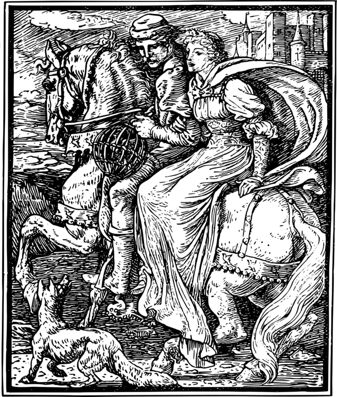 Lady and a man on a horse black and white drawing