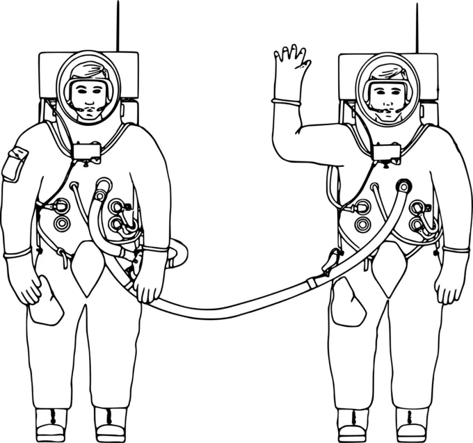 Line drawing of two astronauts sharing a common pipe
