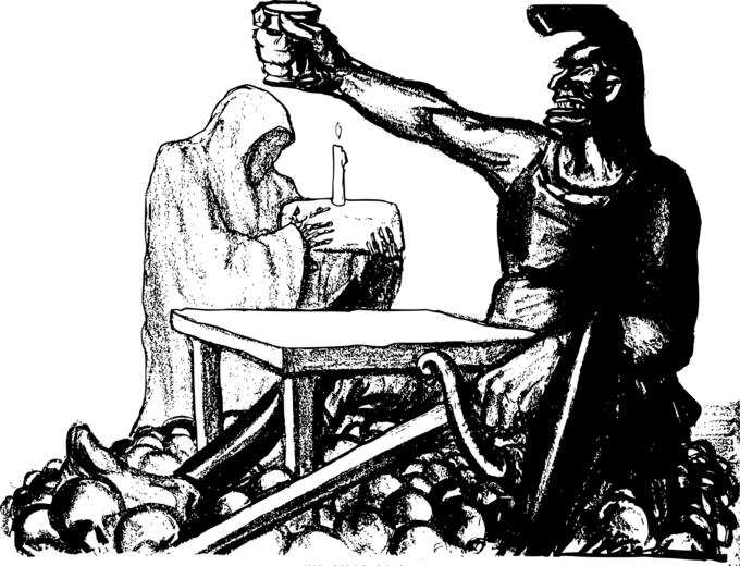 Illustration of warrior figure sitting on a pile of skulls