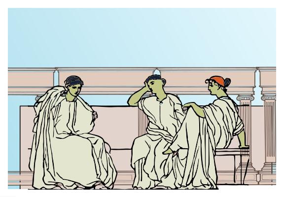 Vector image of women in flowing robes sitting under Roman arches
