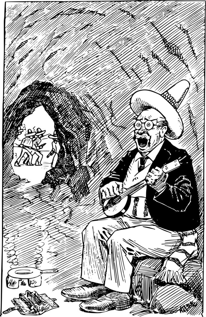 Vector clip art of man playing music in a cave