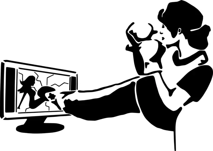 Vector illustration of a woman kicks the beauty ideal on TV