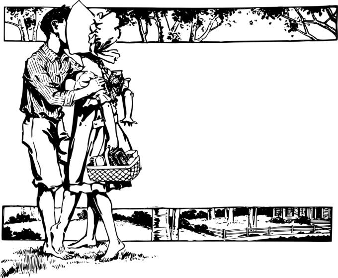 Vector drawing of kissing countryside couple
