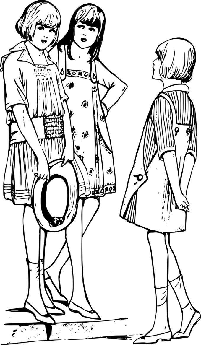 Vector illustration of line art of three young ladies chatting on pavement