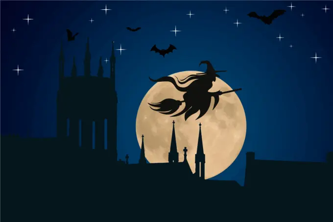 Halloween witch flying at moonlight vector drawing
