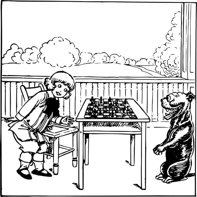 Kid and dog playing chess vector clip art