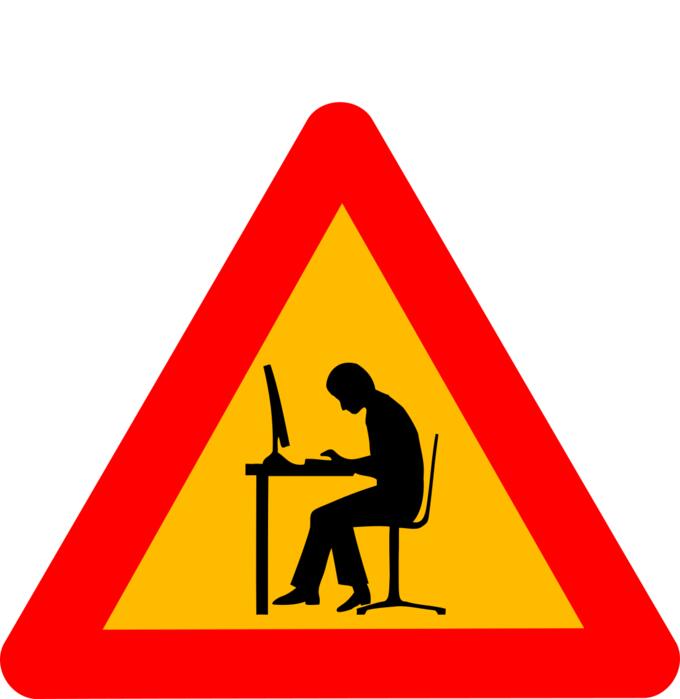 Vector image of man at computer warning road sign
