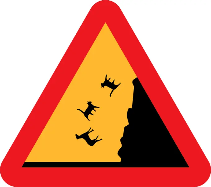Vector drawing of raining cats and dogs warning road sign