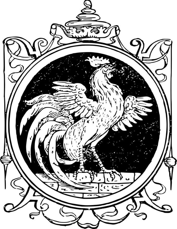 A rooster on a decorative divider