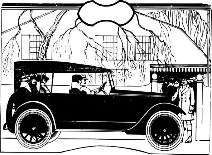 People in old car vector drawing