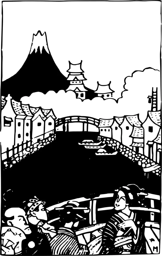 Japanese town scenery vector drawing