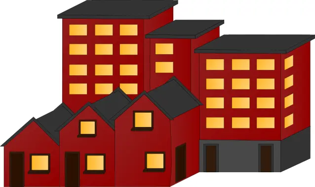 Vector illustration of red block of houses and flats