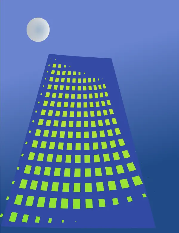 Vector drawing of tall blue building with yellow windows