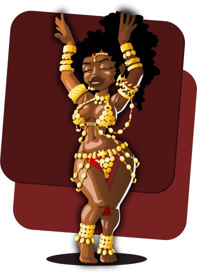 Vector drawing of belly dancer in gold-coin costume
