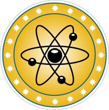 Vector drawing of atomic badge set in gold