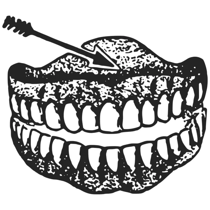 Human denture black and white vector illustration with arrow