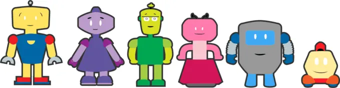 Vector graphics of colorful robot characters with outlines