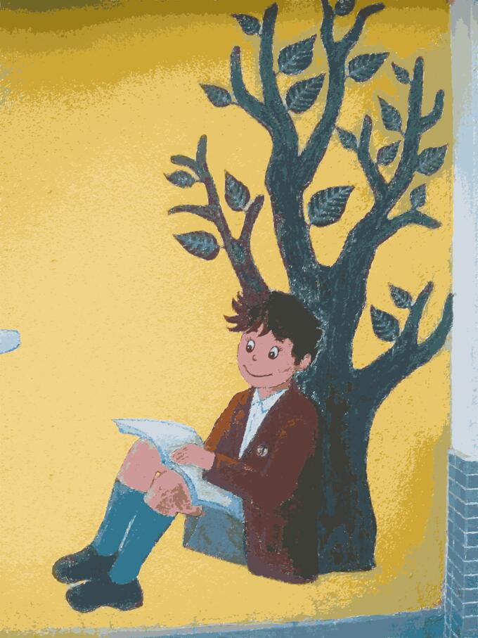 Boy reading a book mural vector drawing