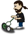 Vector graphics of bearded guy pushing a reel mower