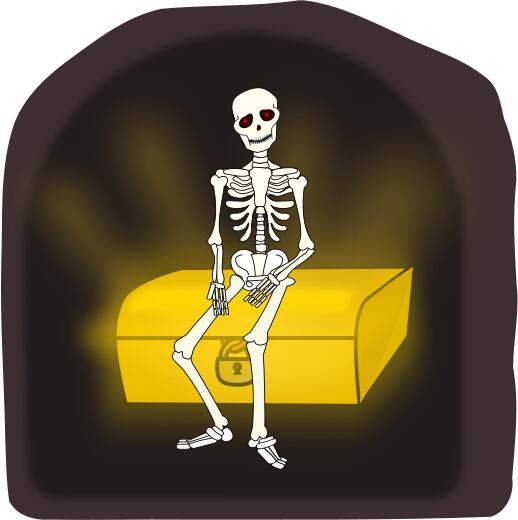 Skeleton sitting on treasure chest vector illustration