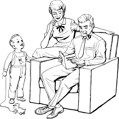 Retro family line art vector drawing